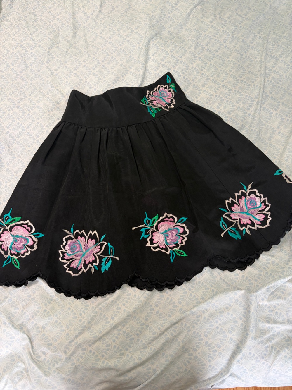 Nanette Lepore Black Skirt with Pink & Teal Floral Embroidery